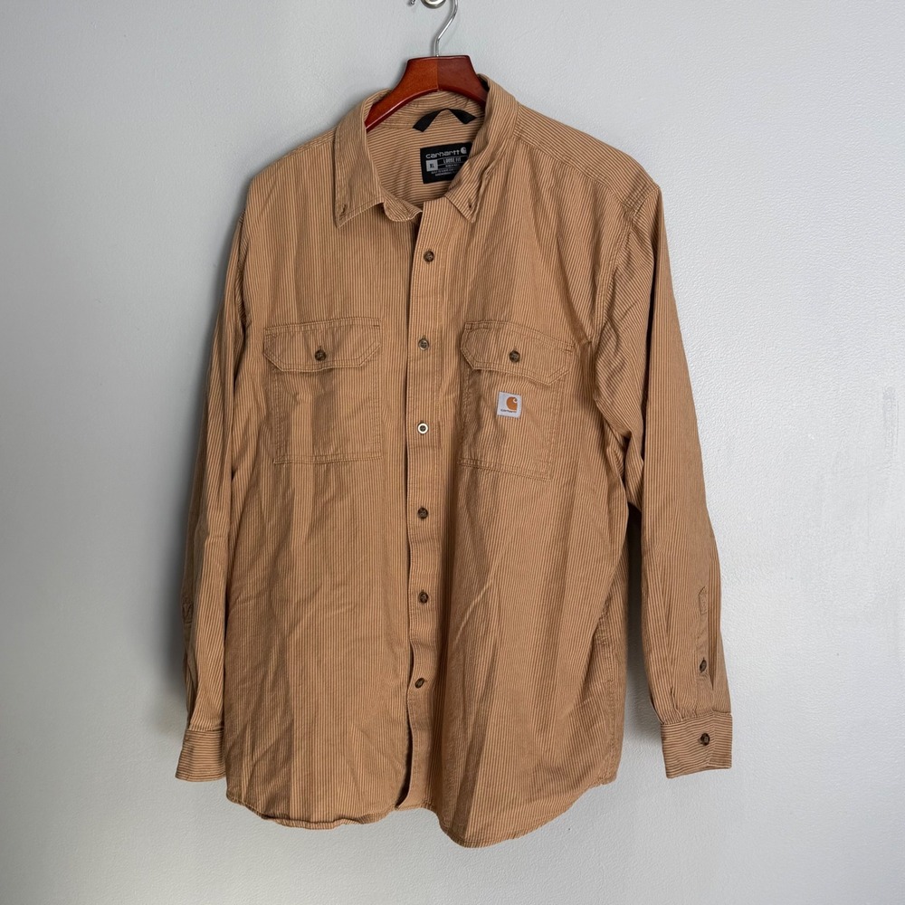 Carhartt Mens XL Loose Fit Striped Long Sleeve Button Down Work Shirt Brown - Picture 5 of 9